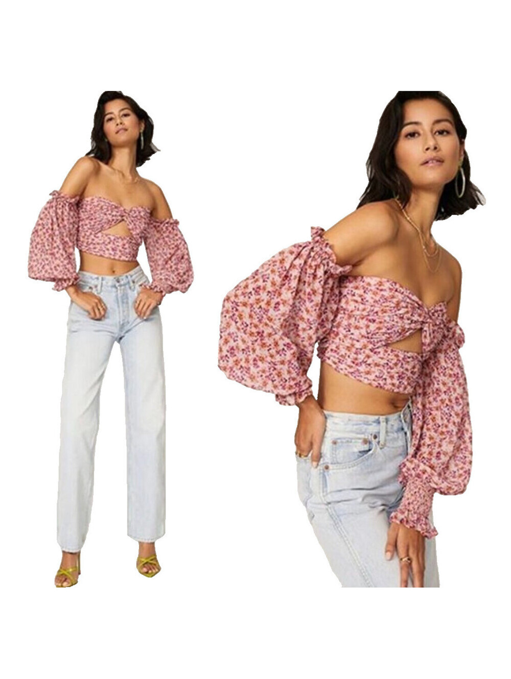 AMUR Hilda Size L Floral Off the Shoulder Sweetheart Crop Blouse Cut Out Dainty